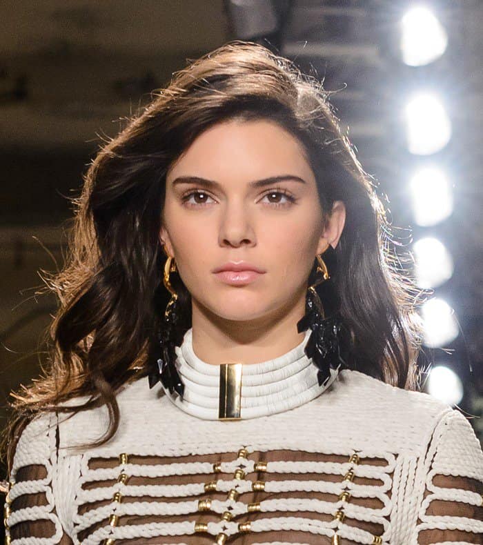 Kendall Jenner walking the runway of the Balmain x H&M collection launch at 23 Wall St. in Manhattan, New York City, on October 21, 2015