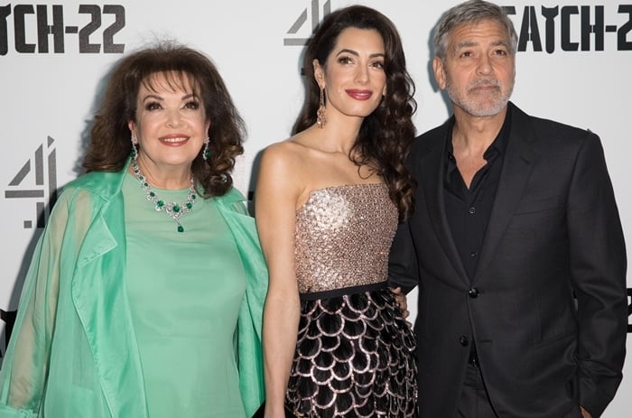 Amal Clooney with her Sunni Muslim mother Baria Alamuddin and George Clooney at the "Catch 22" UK premiere