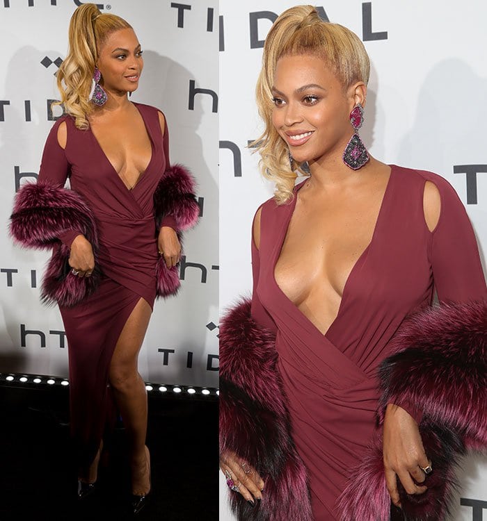 Beyonce finishes her ensemble with a fur stole and a pair of oversized Lorraine Schwartz earrings