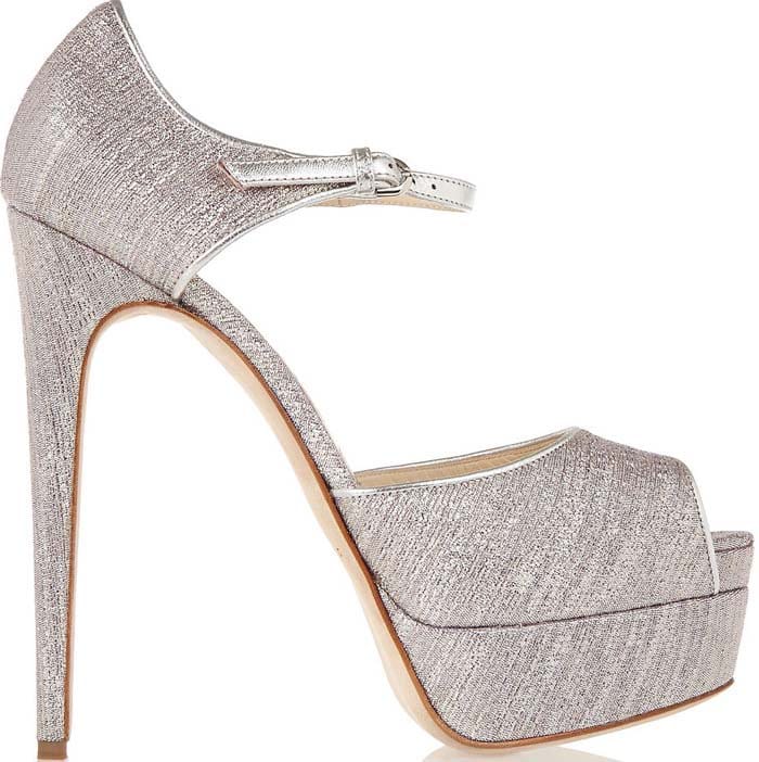 Brian Atwood Lamé-Covered Leather Peep-Toe Platform Pumps