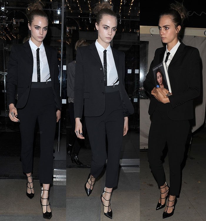 Cara Delevingne's signature bushy brows and slicked-back updo