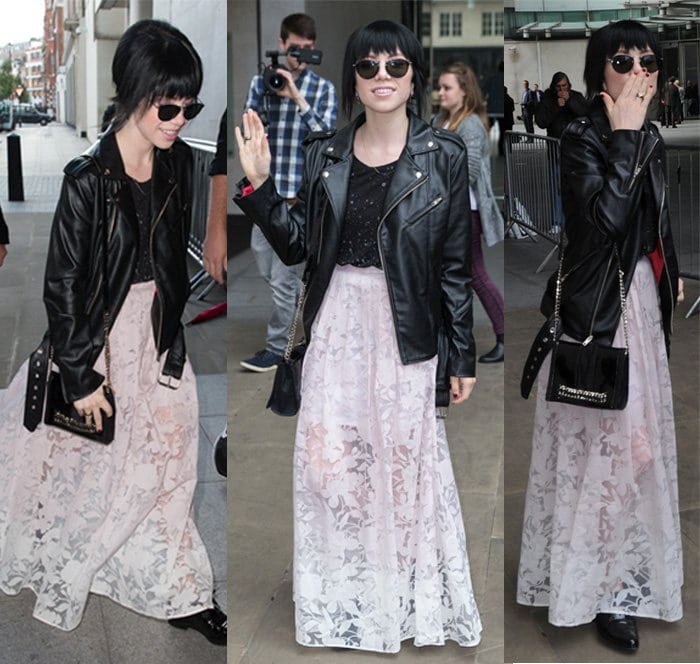 Carly Rae Jepsen combines a sheer white skirt and a leather jacket for a unique look in London