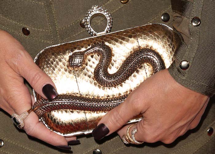 Carmen Electra carries a Nicolio snake-embellished clutch in her manicured hands