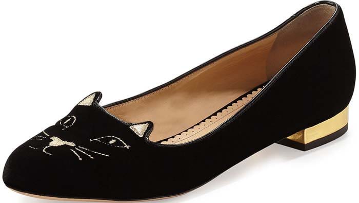 Charlotte Olympia Kitty Velvet Cat-Embroidered Flat in Black/Gold