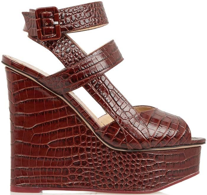 Charlotte Olympia Marcelle Croc-Effect Glossed-Leather Wedge Sandals