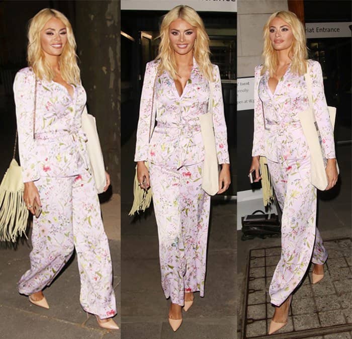 Chloe Sims wears silk pajamas at the Oasis and Victoria & Albert Museum collection launch party