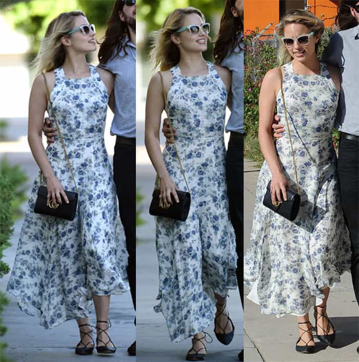 Dianna Agron styled her flattering maxi floral dress with a chain strap purse