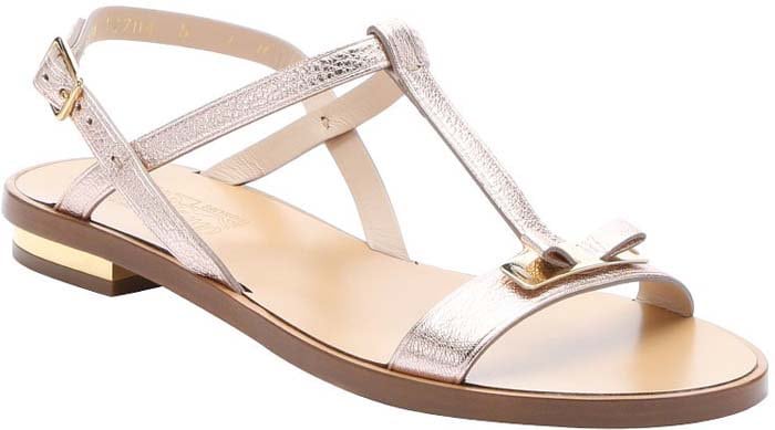 Salvatore Ferragamo New Bisque Metallic Calfskin Marino Bow Strap Sandals in Pale Pink