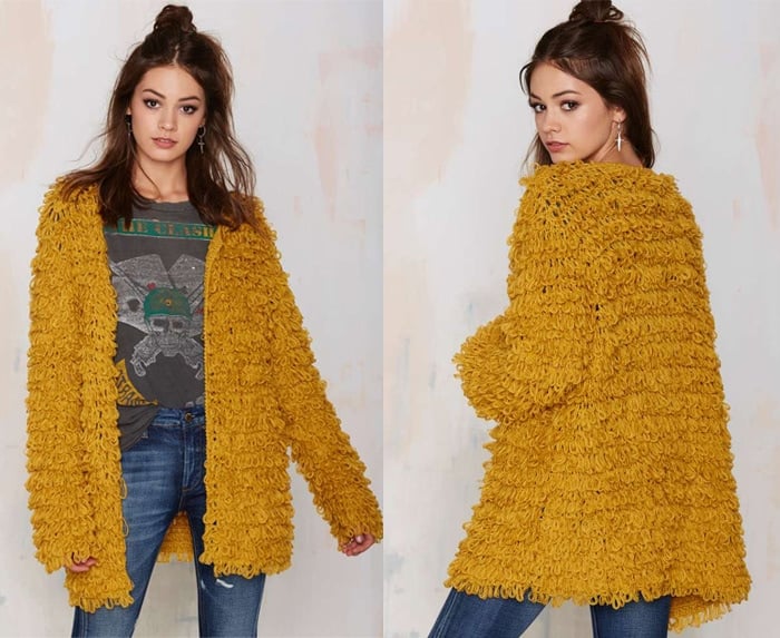 How Shay Mitchell Wears Yellow Mustard Cardigan With Boots