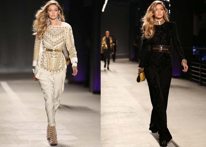 Gigi Hadid models several looks at the launch of the H&M x Balmain collection