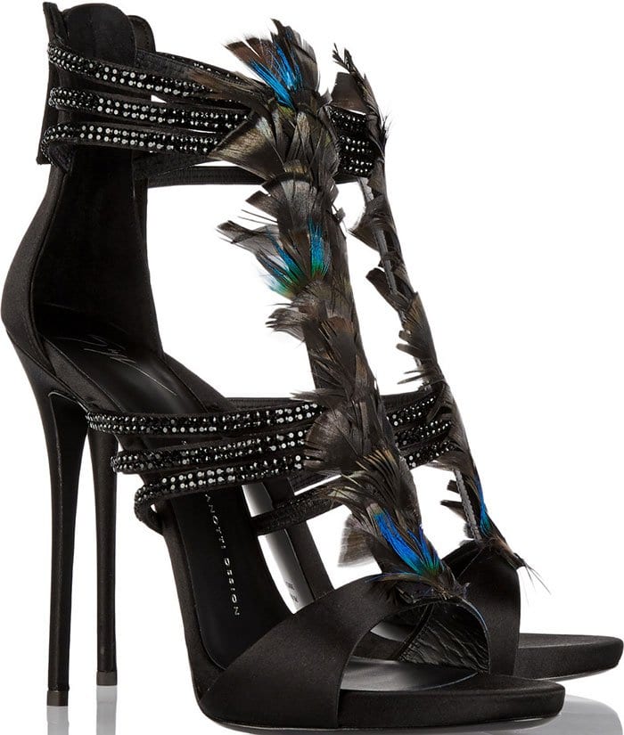 Giuseppe Zanotti "Coline" Feather-and-Crystal-Embellished Satin Sandals