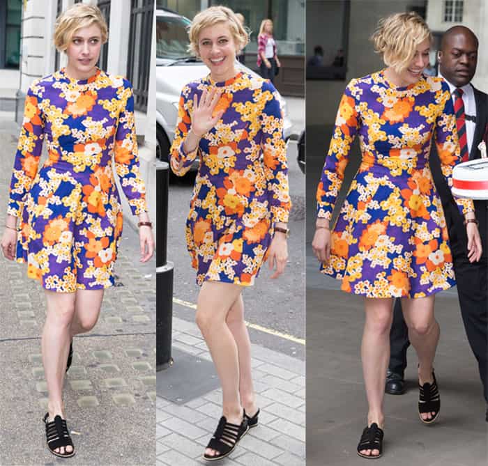Greta Gerwig flaunts her legs in Carven's colorful 60s style dress while arriving at the Radio 1 studios
