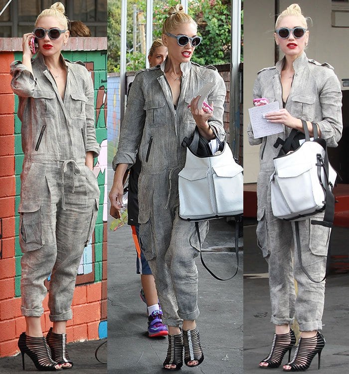 Gwen Stefani cuffs her jumpsuit to show off her L.A.M.B. sandals