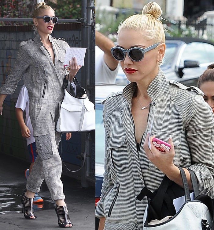 Gwen Stefani clutches her cellphone in her manicured hand and shows off her white tote