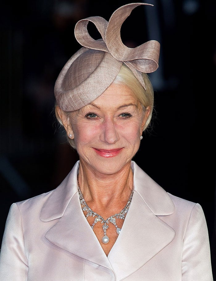 Helen Mirren's chic statement: a sophisticated cocktail hat by Rachel Black Millinery at the Trumbo premiere