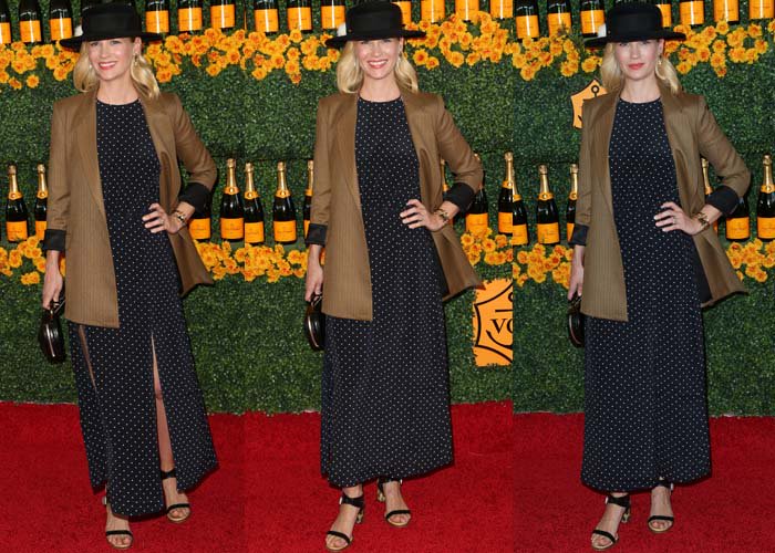 January Jones wears a polka dot dress from Zimmermann and a Reformation blazer on the red carpet of the Veuve Clicquot Polo Classic