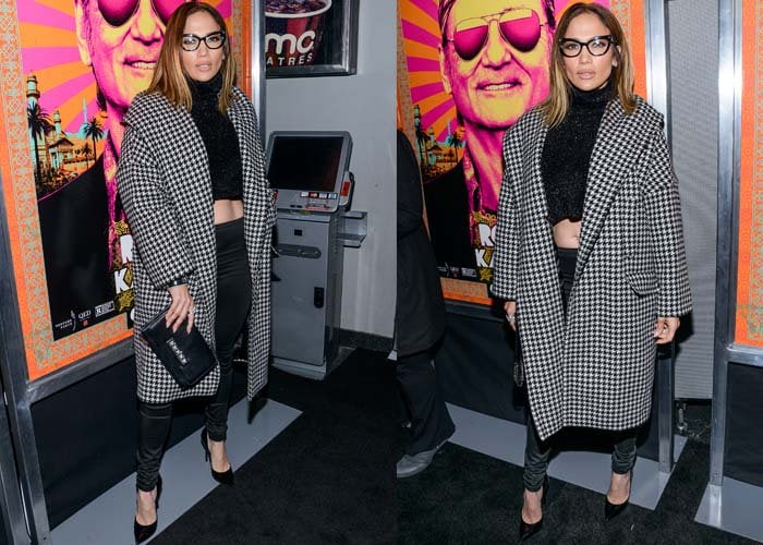 Jennifer Lopez wore a Palchi houndstooth print wool & cashmere hooded coat