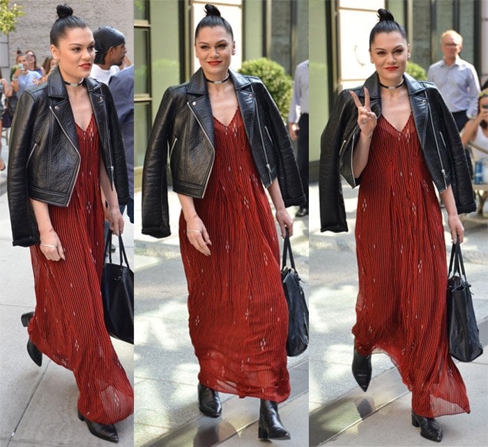 Jessie J exudes edgy elegance in a red camisole dress and leather jacket in Manhattan