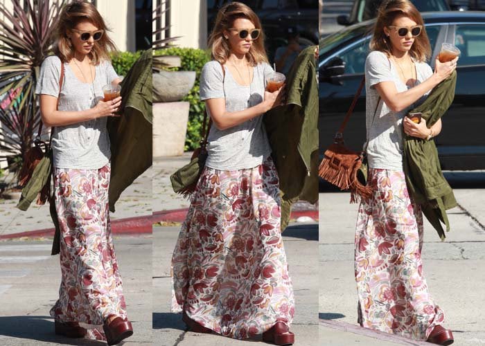 Jessica Alba leaves breakfast wearing a floral maxi skirt from Two by Vince Camuto