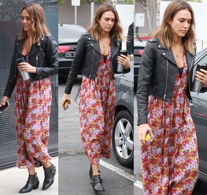 Jessica Alba elevates her floral dress with a cropped motorcycle jacket in Santa Monica