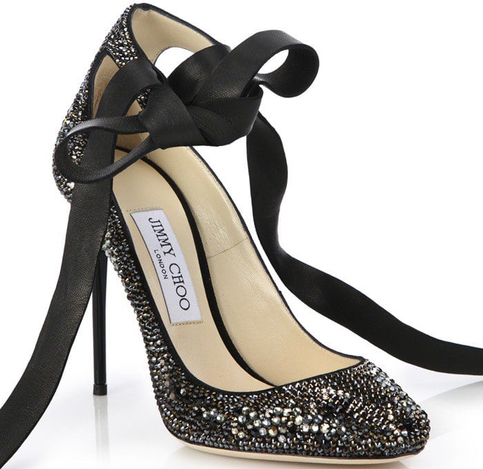 Jimmy Choo Silver Rosana Swarovski Crystal & Leather Ankle Tie Pumps