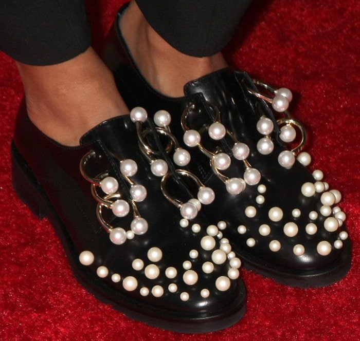 Kat Graham shows off her Coliac Martina pearl-embellished Derby shoes