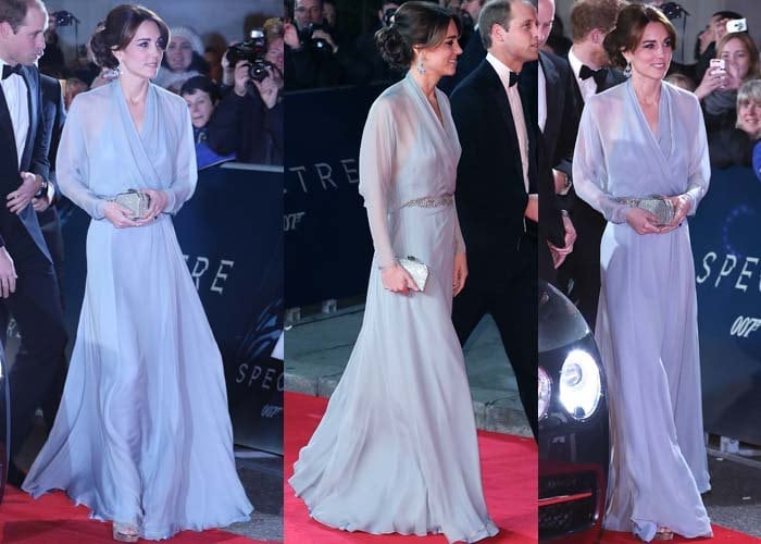 Kate Middleton wears a Jenny Packham dress on the red carpet of the "Spectre" premiere