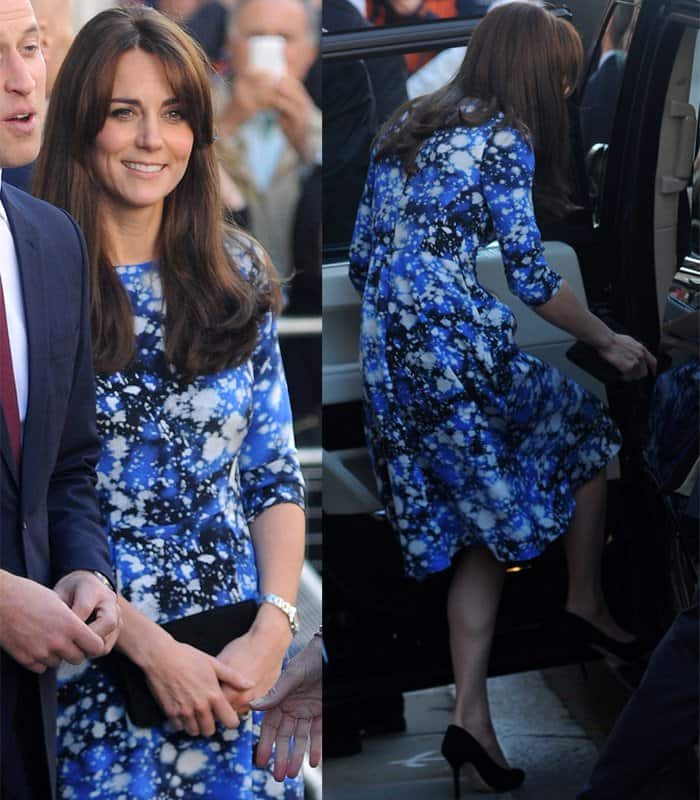 Catherine, Duchess of Cambridge, GCVO wore a bright blue dress by Tabitha Webb, a luxury British brand launched June 2013
