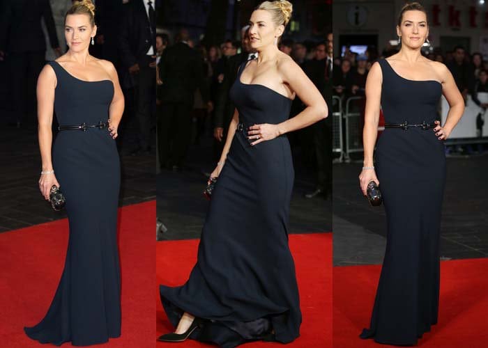 Kate Winslet wears a navy Alexander McQueen dress on the red carpet of the "Steve Jobs" premiere