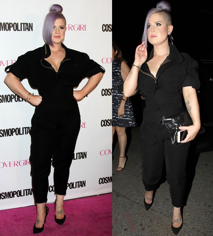 Kelly Osbourne stuns in a black jumpsuit paired with sleek pointed-toe heels and her signature purple side-shaved top bun at Cosmopolitan’s 50th Birthday Bash