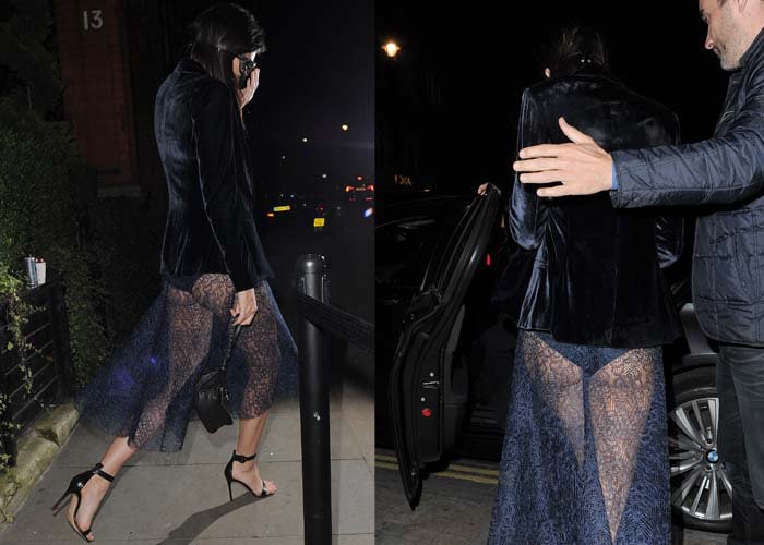 Kendall Jenner flashes her panties in a sheer skirt by Katie Ermilio