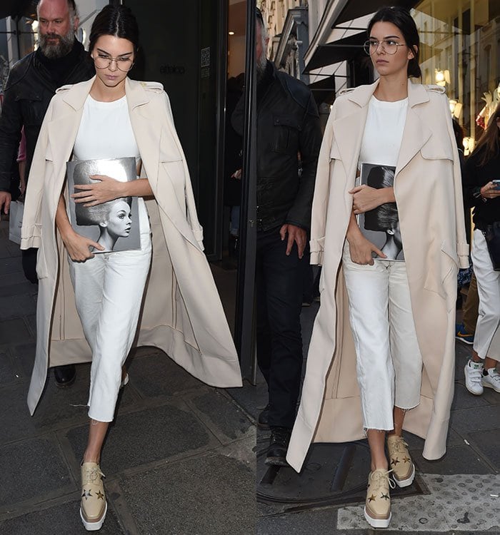 Kendall Jenner with a Sally Lapointe trench coat draped over her shoulders