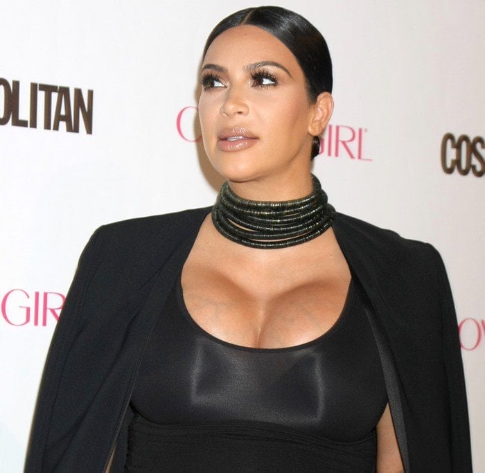 Kim Kardashian wearing a beaded statement choker by Balmain