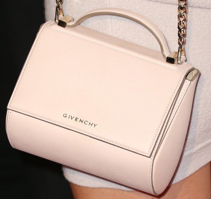 Kylie Jenner toting a nude "Pandora" mini leather shoulder bag from Givenchy