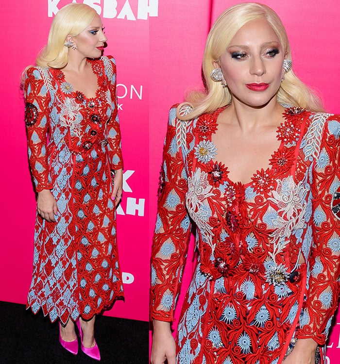 Lady Gaga wears a two-piece Marc Jacobs creation on the carpet of her fiancé's movie premiere