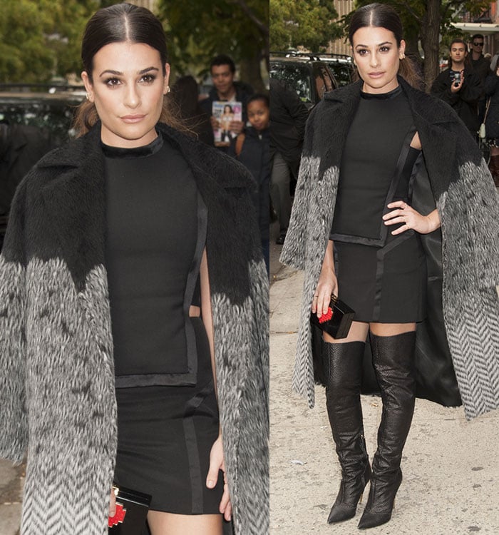 Lea Michele in a sexy tuxedo-style sleeveless top paired with a matching pencil skirt