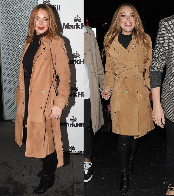Lindsay Lohan wears a Lavish Alice trench coat and Givenchy boots to the Mark Hill Launch Party