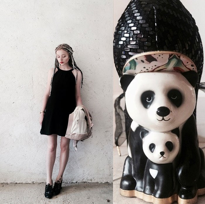 Mimi styled her panda shoes with a black dress