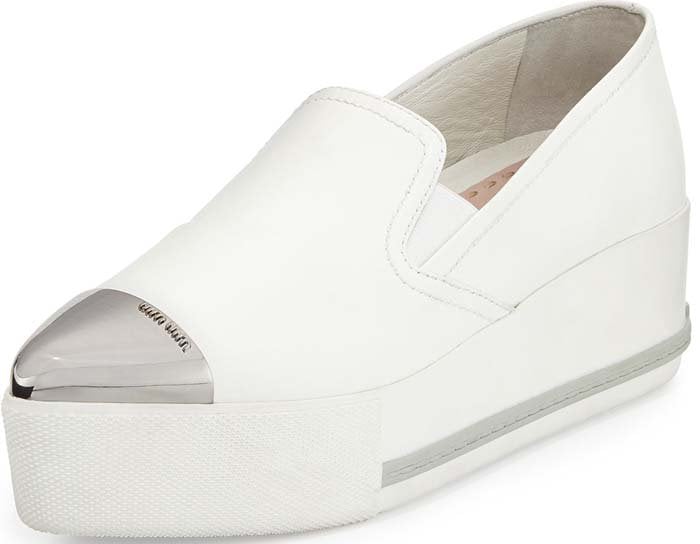 Miu Miu "Bianco" Metallic Cap-Toe Skate Sneaker in White