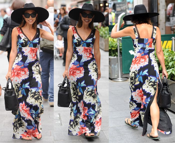 Myleene Klass styled her floaty floral maxi dress with a wide-brimmed hat