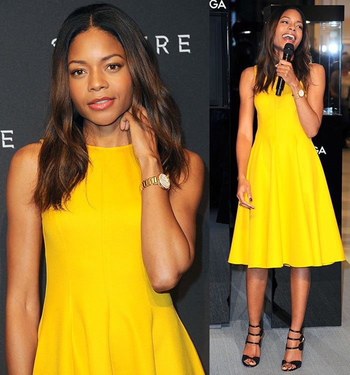 Naomie Harris continued her winning style streak in a simple yet striking bright yellow Michael Kors Spring 2016 dress