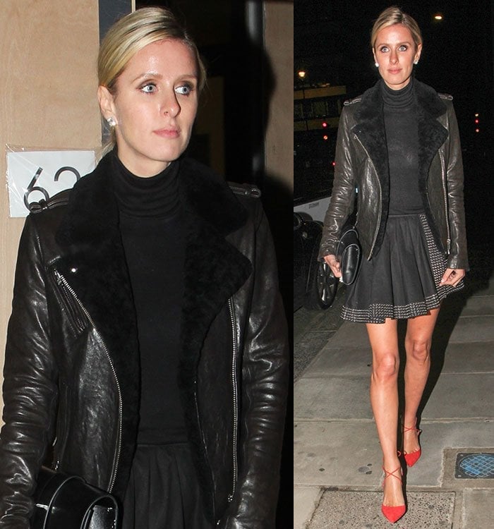 Nicky Hilton wears a black leather jacket, black turtleneck and black skirt out in London