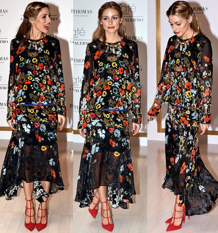 Olivia Palermo styled her floral dress with red Christian Louboutin pumps