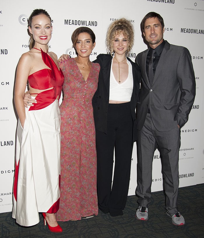Olivia Wilde poses with co-stars Juno Temple and Luke Wilson, and director Reed Morano at a special screening of "Meadowland"