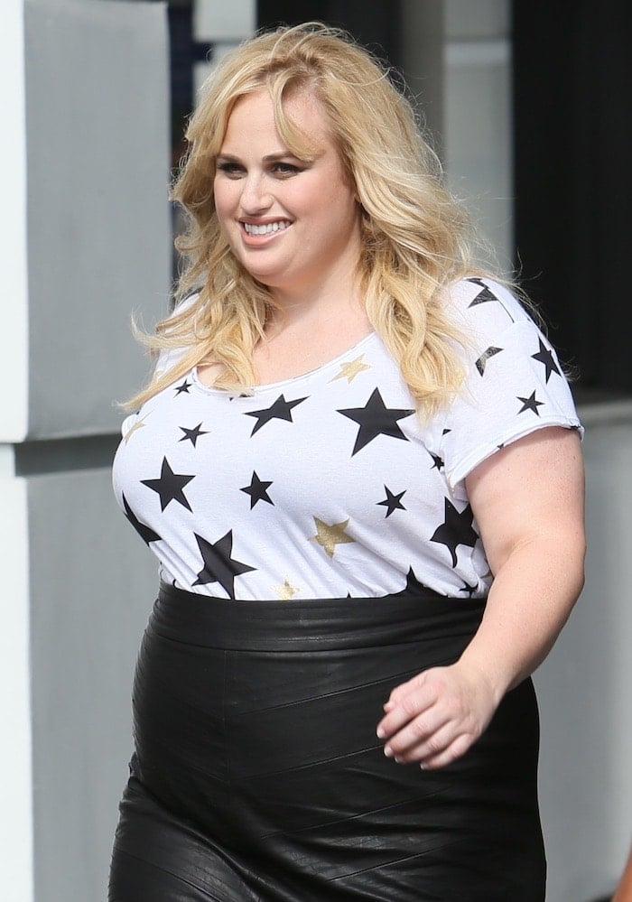 Rebel Wilson wears pieces from her upcoming plus-size fashion line with Torrid Fashions for an interview with Extra TV