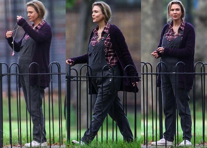 Renee Zellweger wears overalls and a cardigan as she films a scene for an upcoming Bridget Jones film