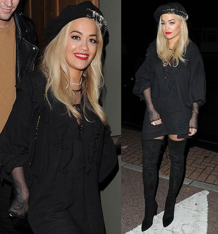 Rita-Ora-beret-hat-fishnets-tunic-mini-dress