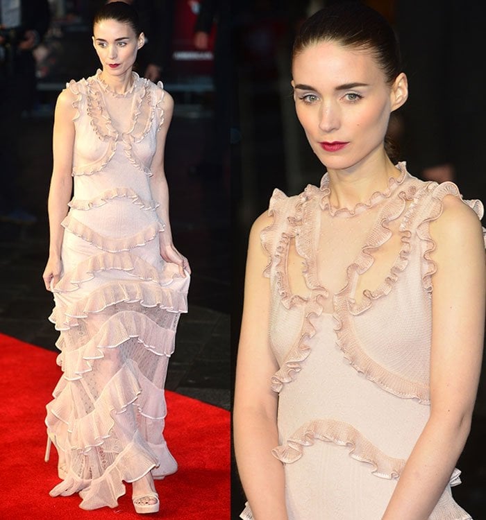 Rooney Mara with dark ruby lipstick, blush-on that highlighted her cheekbones, thick eyebrows, and dusty pink eye shadow