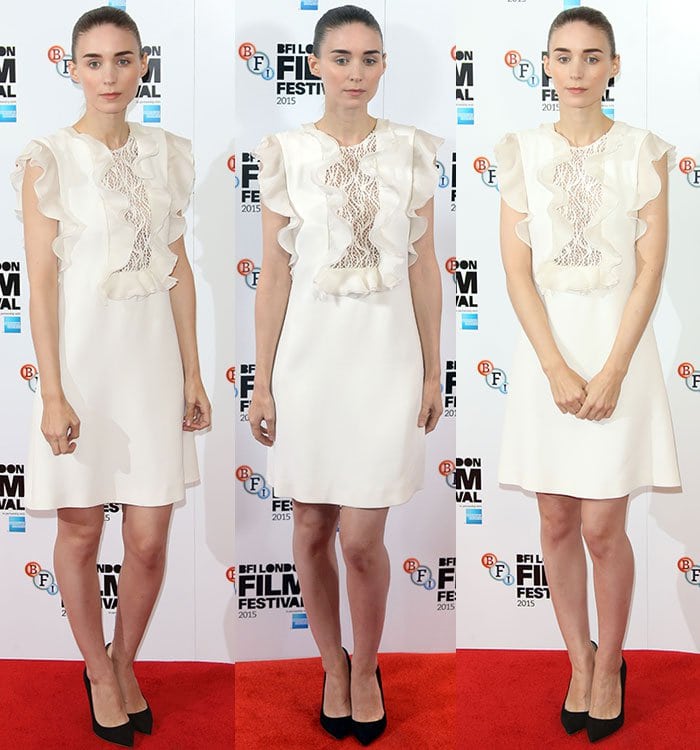 Rooney Mara wears a ruffled silk dress from Giambattista Valli on the red carpet