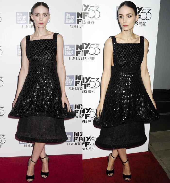 Rooney Mara wears her hair back and dons a Chanel dress for her red carpet appearance